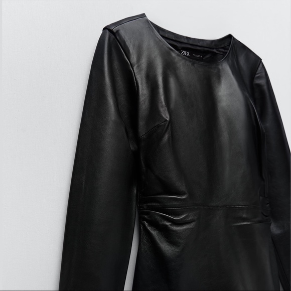 ZARA Shoulder Pad Genuine LEATHER DRESS Black - Picture 3 of 4
